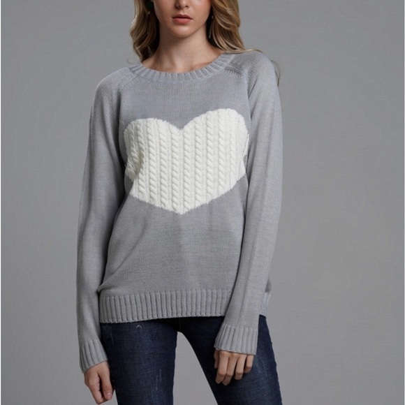NEW Grey with White Heart Pull-Over Sweater (brand new in bag) size Medium - Picture 2 of 7
